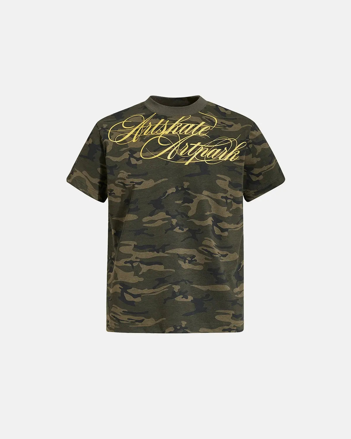 Camo Script Boxy T-Shirt by INFLATION, streetwear style with camouflage pattern and bold script logo, relaxed fit.
