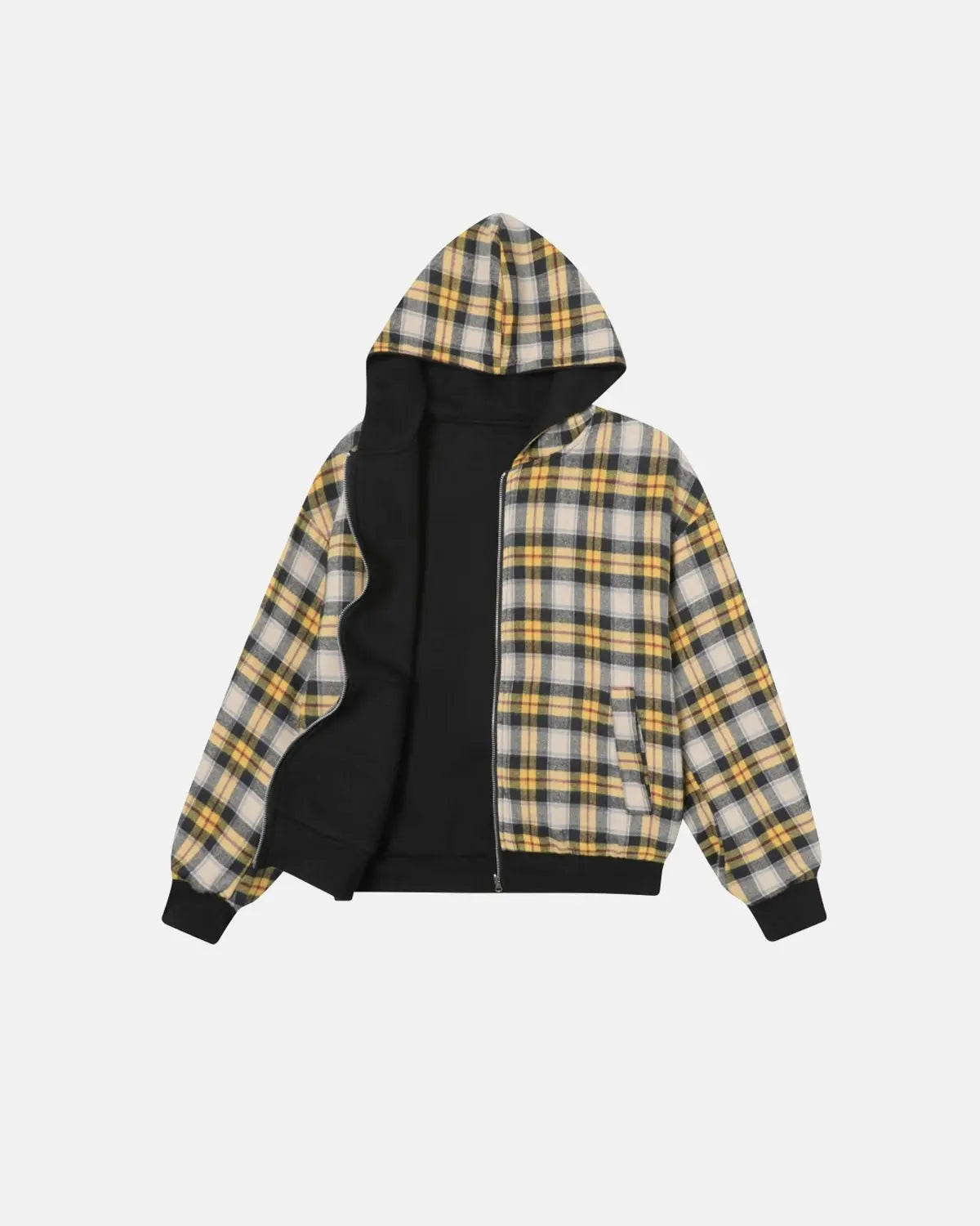 Reversible plaid zip-up hoodie by INFLATION Streetwear featuring a stylish checkered pattern and comfortable fit.