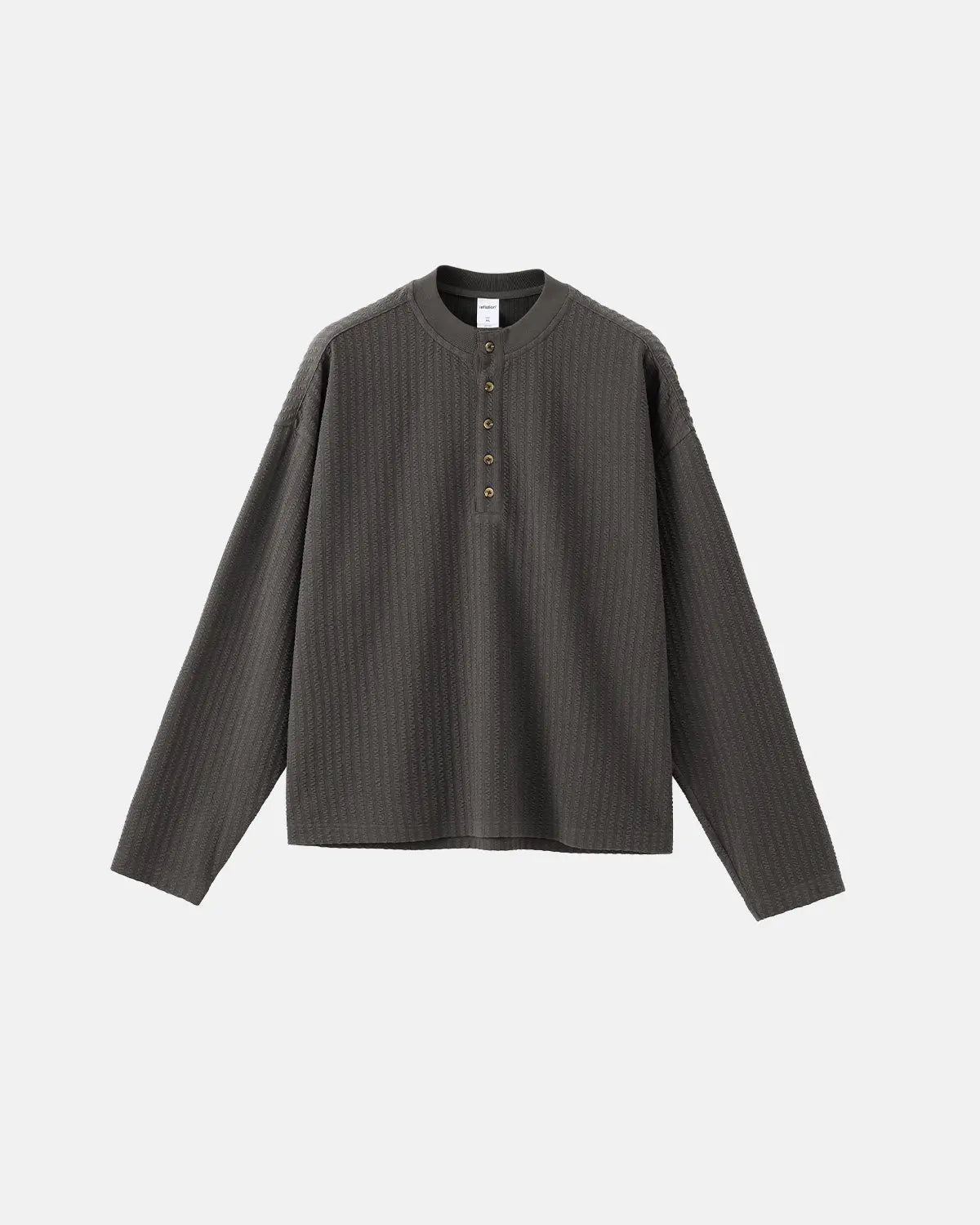Inflation Streetwear Old Money Style Henley long sleeve T-shirt in neutral tones, casual fit with buttoned neckline and ribbed cuffs.