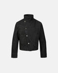 Inflation Cropped Asymmetric Button Denim Jacket featuring distressed details and a stylish streetwear look.