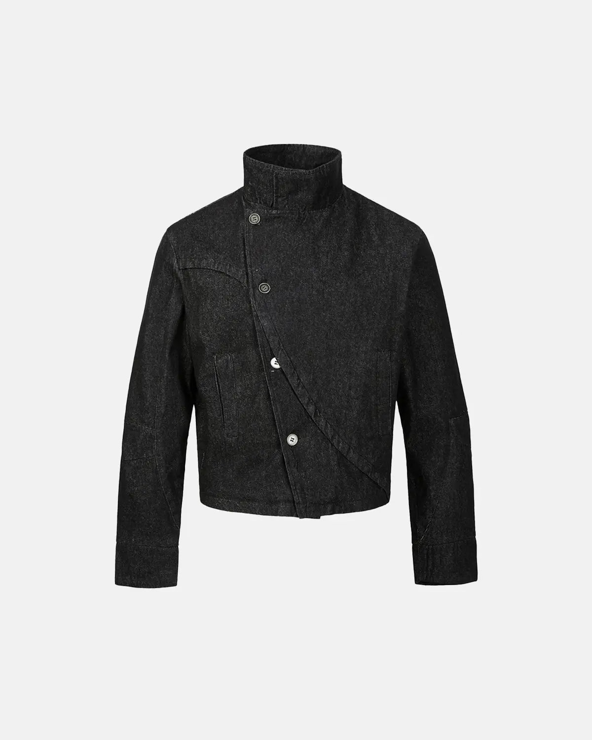 Inflation Cropped Asymmetric Button Denim Jacket featuring distressed details and a stylish streetwear look.