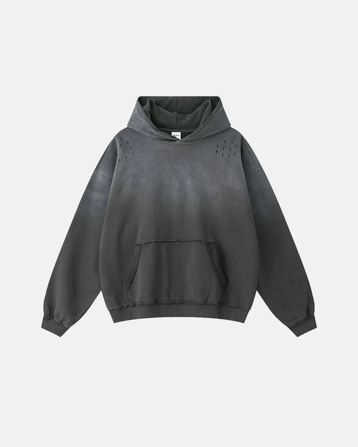 INFLATION Monkey Wash Ripped Hoodie featuring distressed details and casual streetwear style with a relaxed fit.
