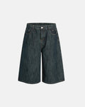 Raw wide-leg long jorts pants by INFLATION Streetwear, showing distressed denim with frayed hems and relaxed fit.