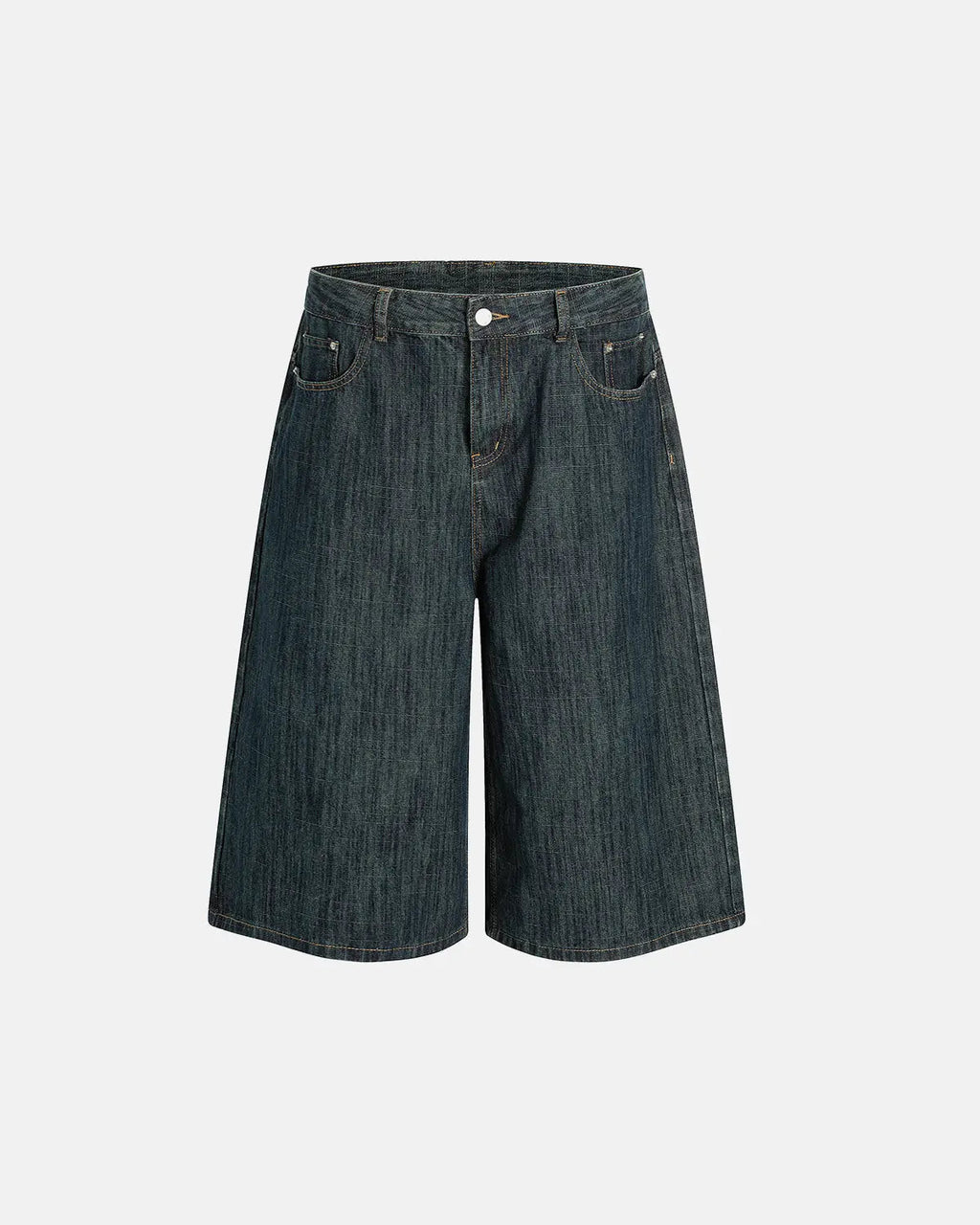 Raw wide-leg long jorts by INFLATION, casual denim pants with a relaxed fit and raw hem detail, perfect for streetwear style.