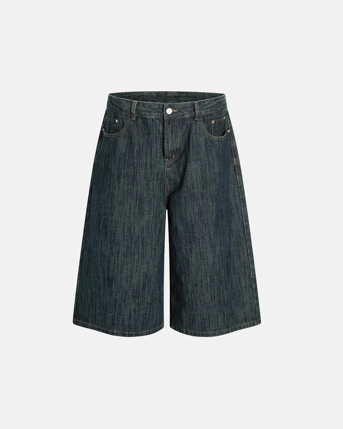 Raw wide-leg long jorts by INFLATION, casual denim pants with a relaxed fit and raw hem detail, perfect for streetwear style.