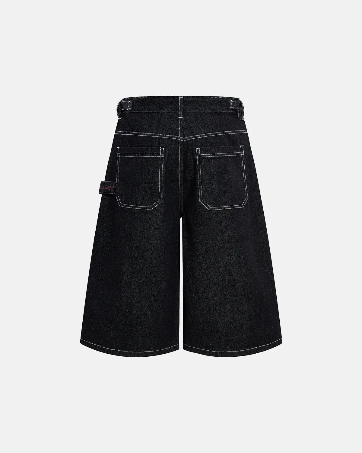 Inflation brand raw denim baggy jorts with adjustable tabs, styled as casual streetwear pants, shown in the product image.