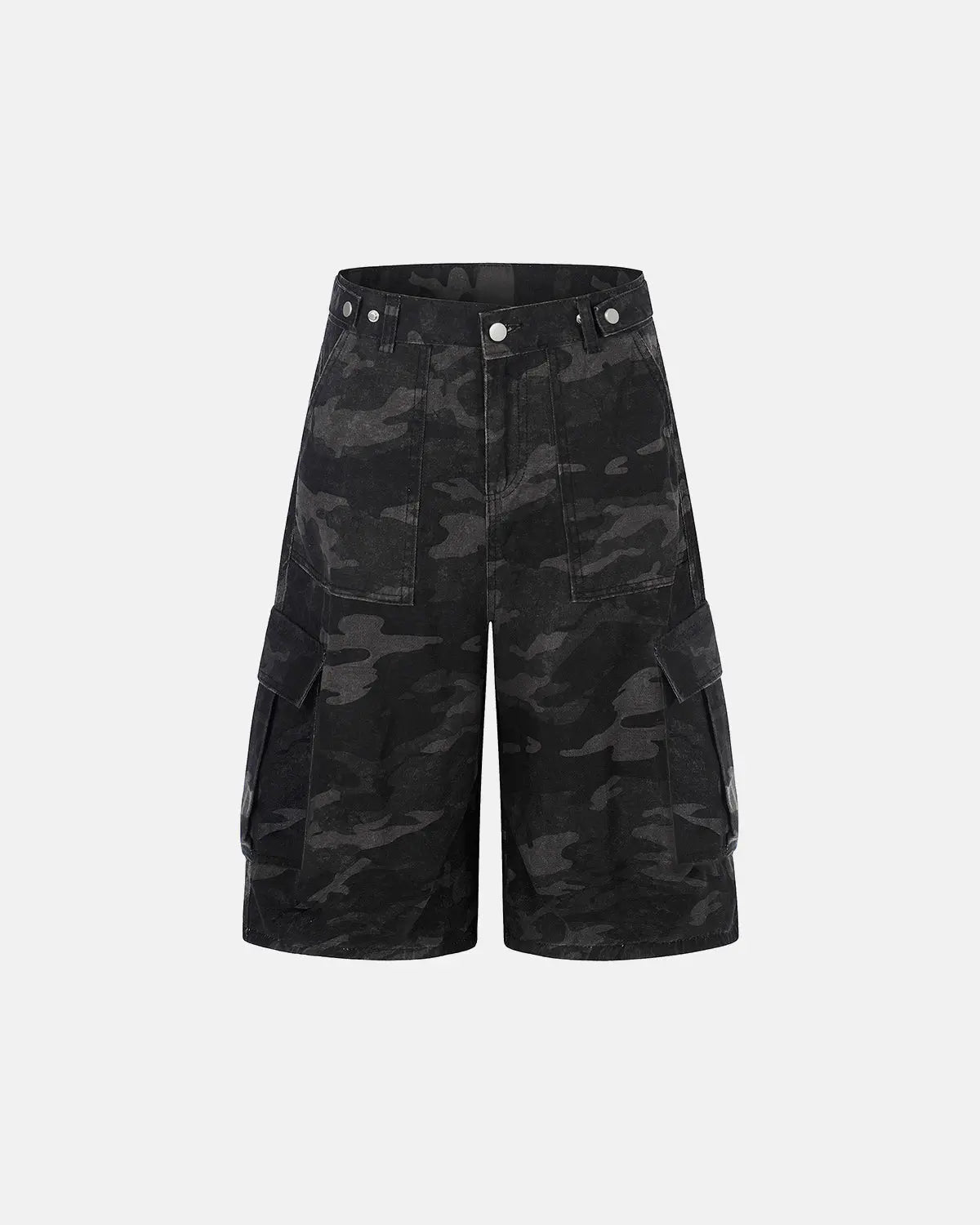Dark camo cargo pants by INFLATION, featuring multiple pockets and a relaxed fit, perfect for streetwear style.