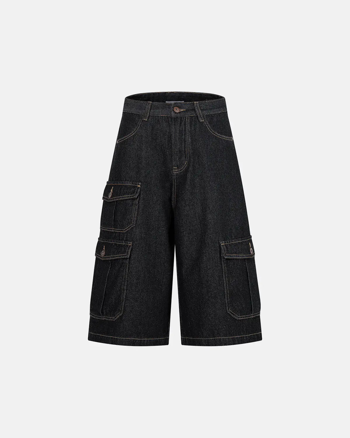 Raw denim longline cargo jorts by INFLATION featuring distressed details and multiple cargo pockets for a streetwear look.