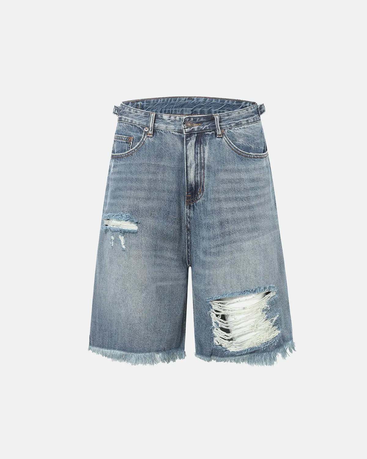 Distressed baggy jorts with adjustable waist tabs, casual streetwear pants from INFLATION, featuring a relaxed fit and distressed denim.