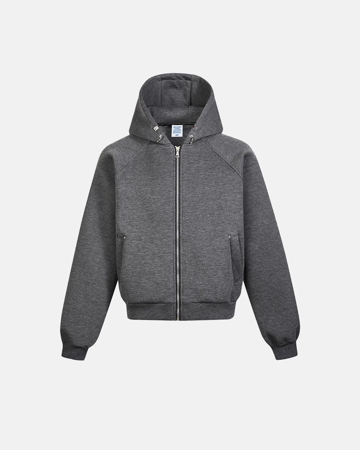Grey boxy zip-up hoodie by INFLATION featuring a front zipper, hood, and relaxed fit, displayed on a plain background.
