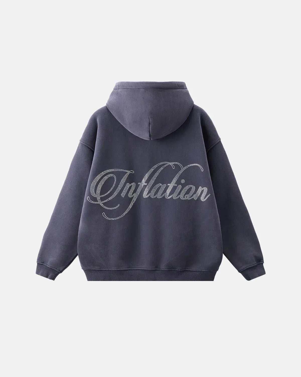 Shiny rhinestone acid wash hoodie from INFLATION Streetwear with a hood and sparkling embellishments on the front.