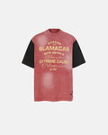 Inflation Streetwear patchwork washed graphic T-shirt with colorful, distressed fabric and bold graphic print, casual streetwear style.