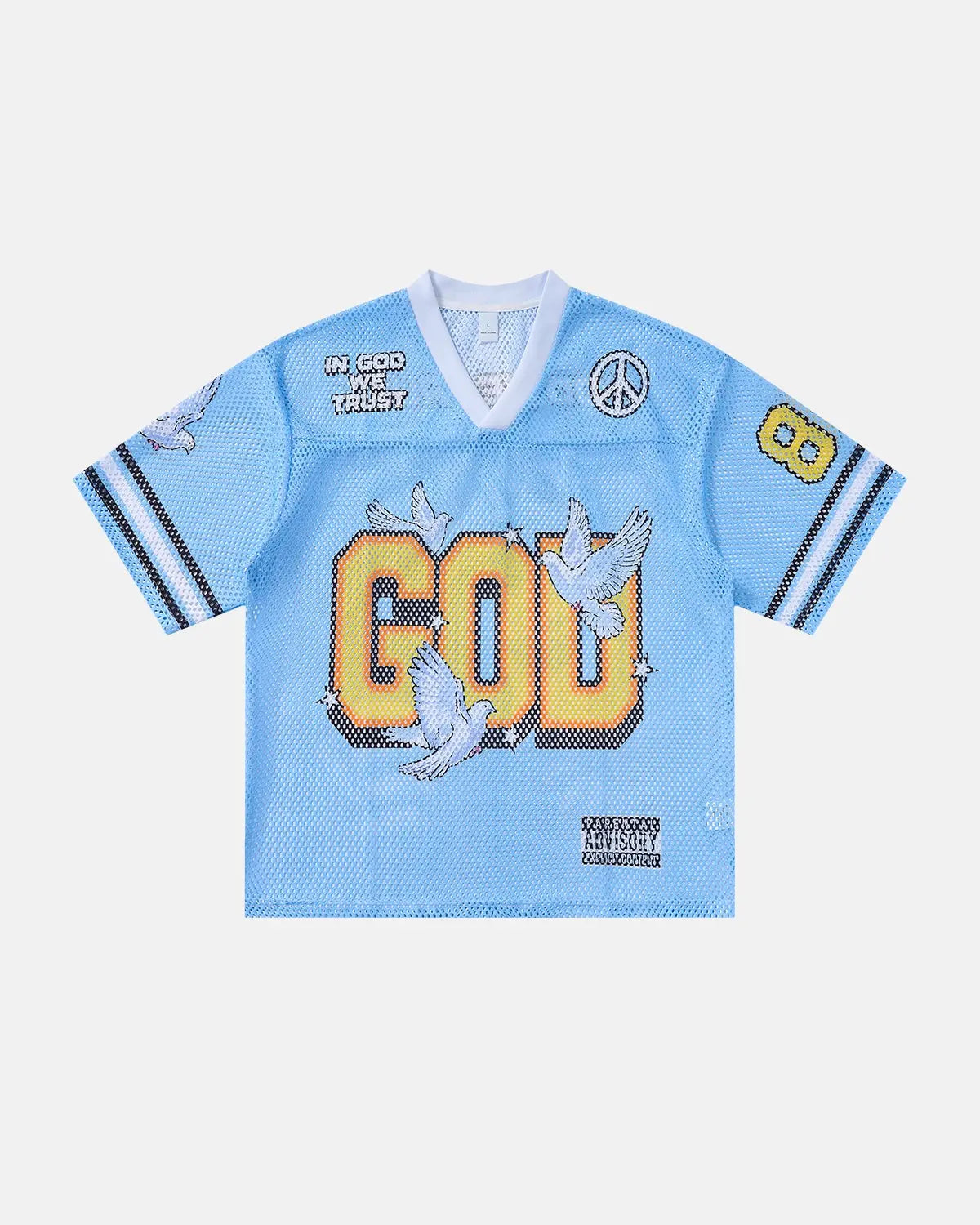 Dove graphic mesh football jersey by INFLATION featuring bold graphic design and lightweight mesh fabric for streetwear style.