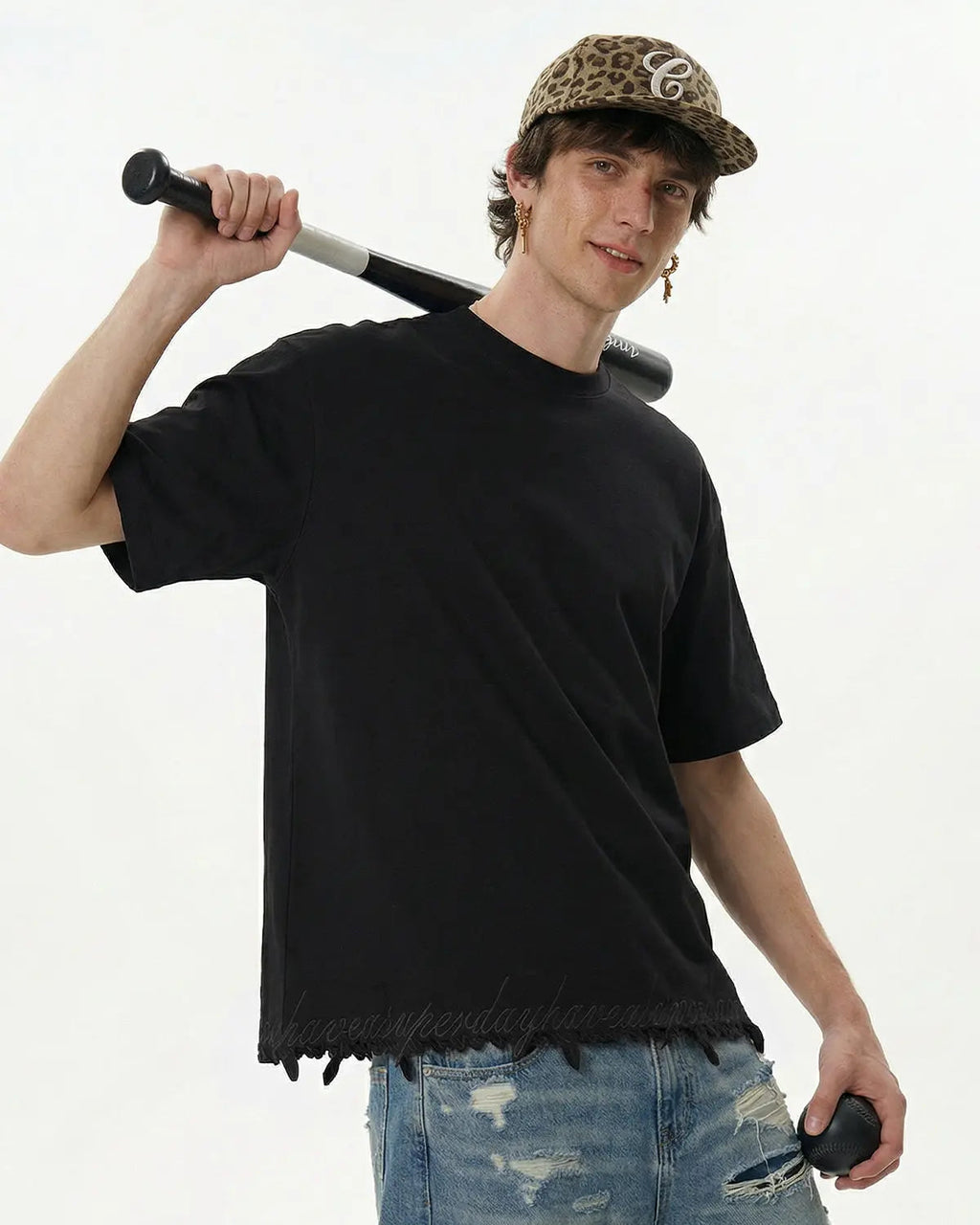 Oversized Inflation Streetwear embroidered frayed hem T-shirt with colorful stitched design, relaxed fit, and casual style.