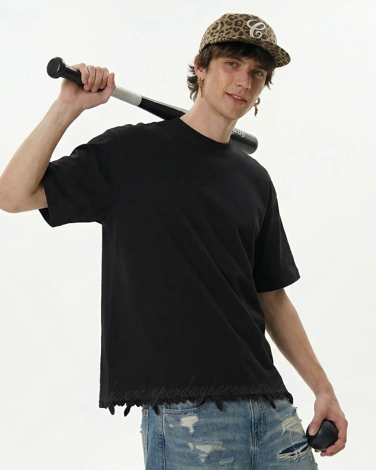 Oversized Inflation Streetwear embroidered frayed hem T-shirt with colorful stitched design, relaxed fit, and casual style.