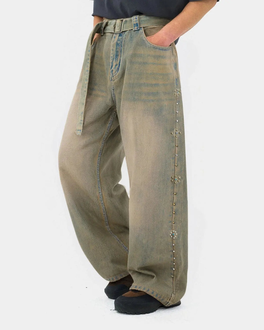 Beaded studded washed baggy jeans from INFLATION Streetwear, showcasing relaxed fit with beaded and studded embellishments.