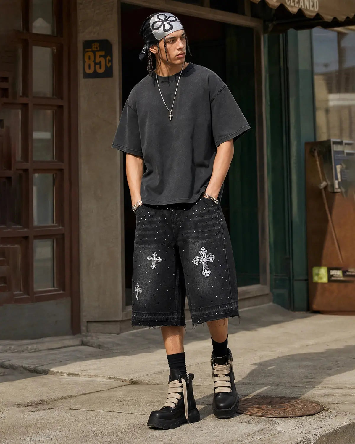Inflation brand rhinestone embellished straight leg jorts, denim pants with sparkling rhinestone details, casual streetwear style.