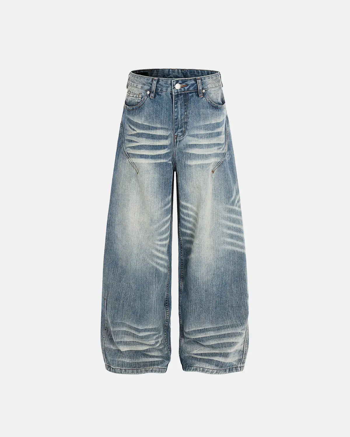 Acid wash whisker bamboo weave jeans by Inflation Streetwear, featuring distressed details and tapered fit.
