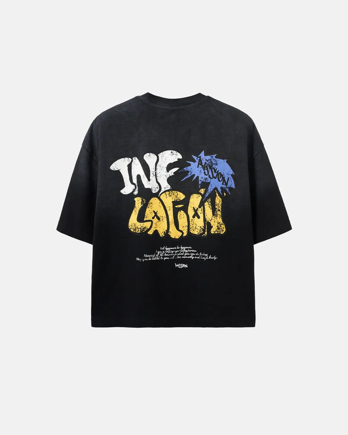 Washed boxy graphic T-shirt from INFLATION streetwear collection, featuring bold printed design on soft cotton fabric.