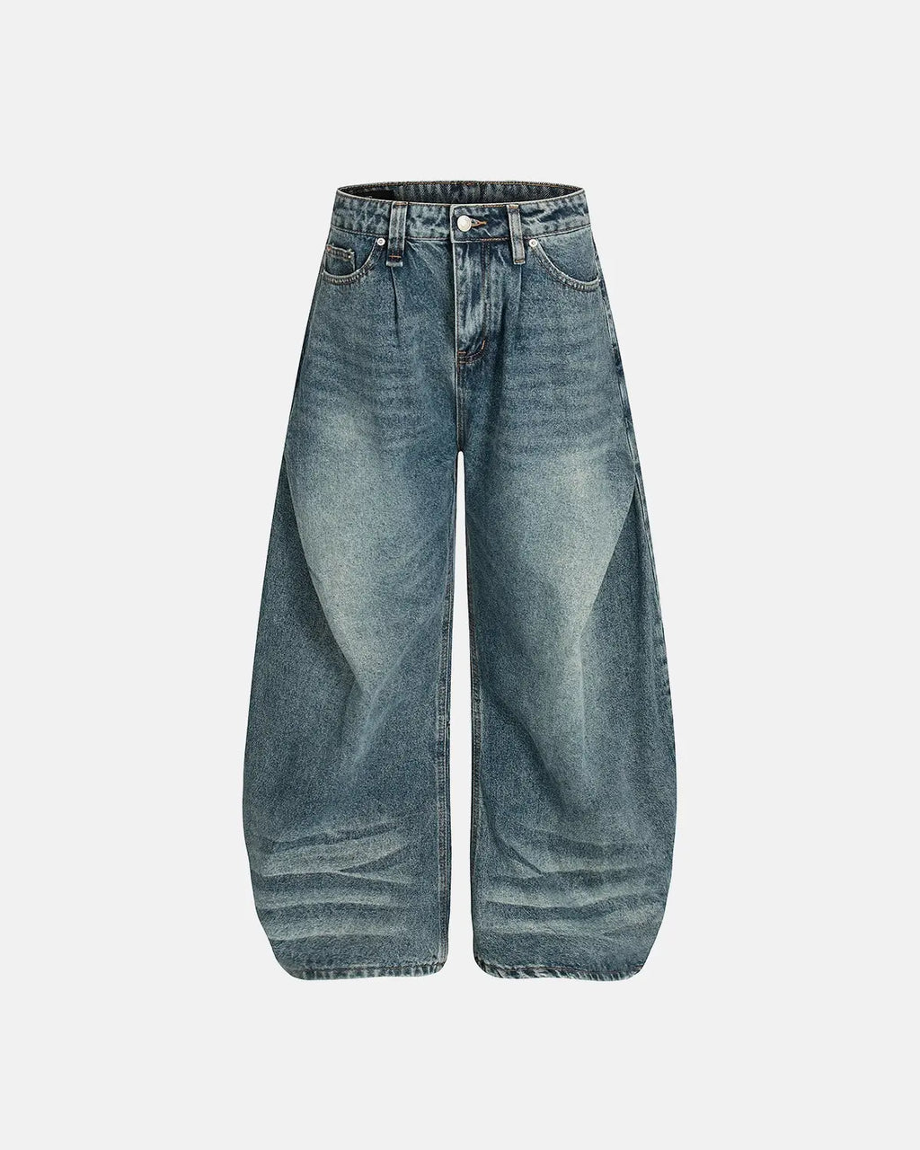 Inflation Whisker Acid Washed Barrel Jeans showing distressed denim, high-rise fit, and unique wash details on a model.