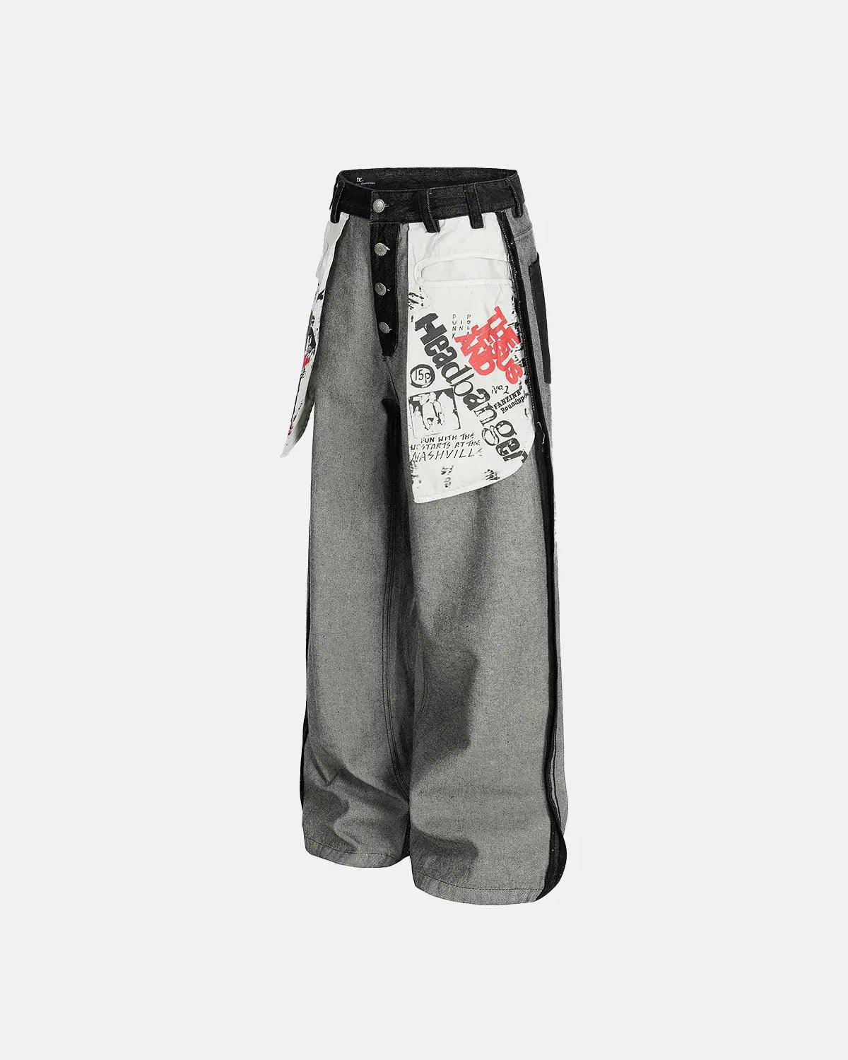 Distressed reverse design baggy jeans by INFLATION featuring a relaxed fit, ripped details, and a trendy streetwear style.