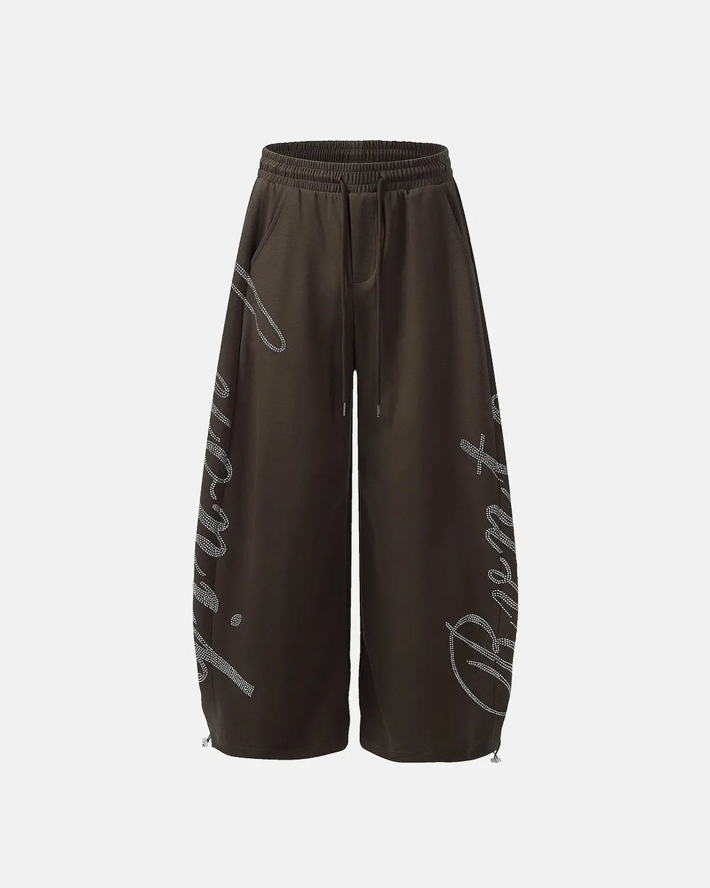 Inflation Streetwear rhinestone baggy joggers with sparkling rhinestone details and relaxed fit, shown on a model.