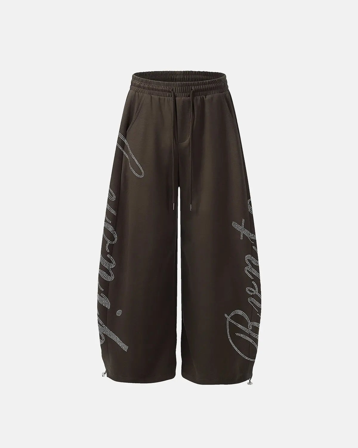 Inflation Streetwear rhinestone baggy joggers with sparkling rhinestone details and relaxed fit, shown on a model.