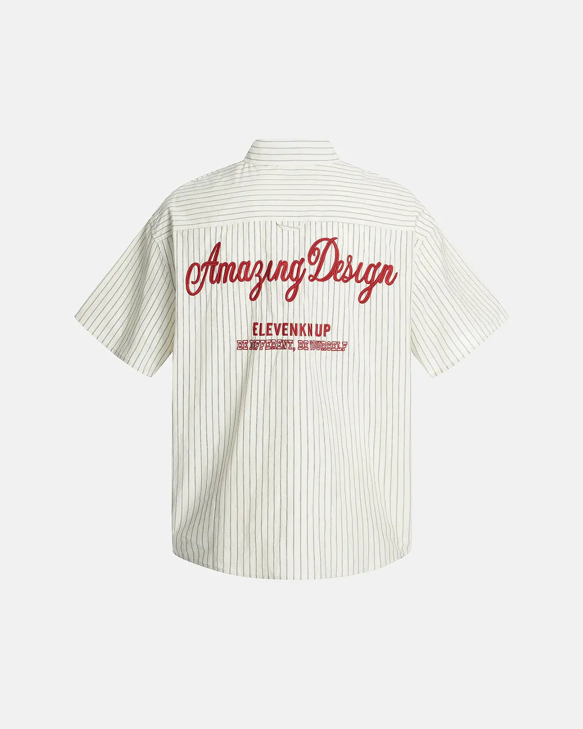 Striped embroidered short-sleeve shirt by INFLATION featuring colorful stripes and detailed embroidery on soft fabric.