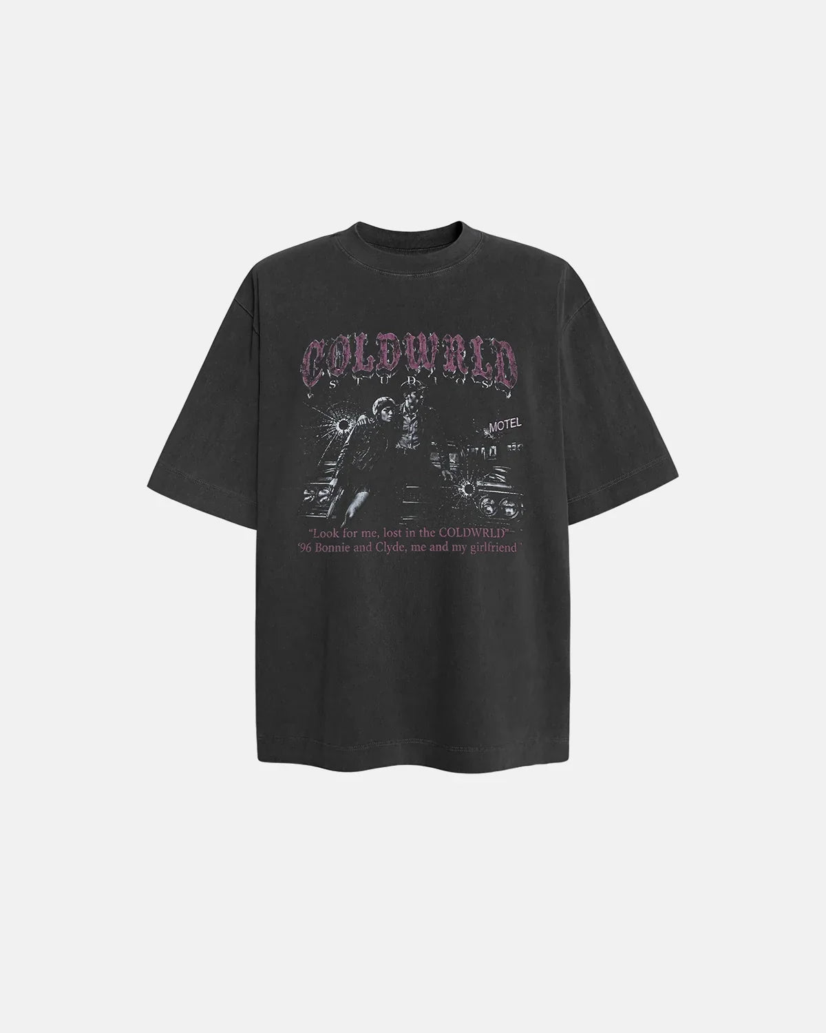 Black washed gothic graphic T-shirt by INFLATION, featuring dark, edgy design, casual streetwear style, and comfortable fabric.