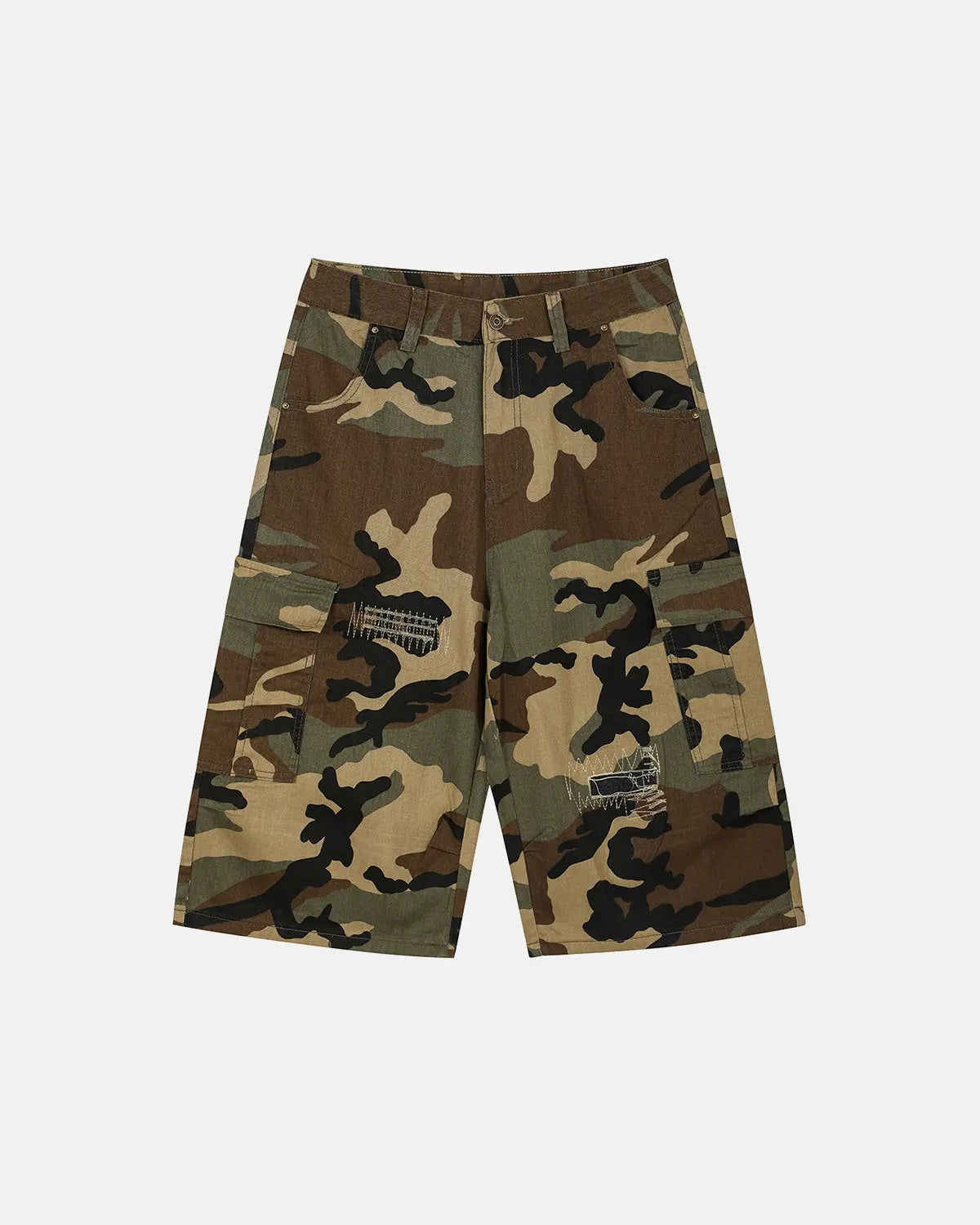 Camo cargo longline shorts by INFLATION showing green and beige camouflage pattern with multiple pockets and a relaxed fit.