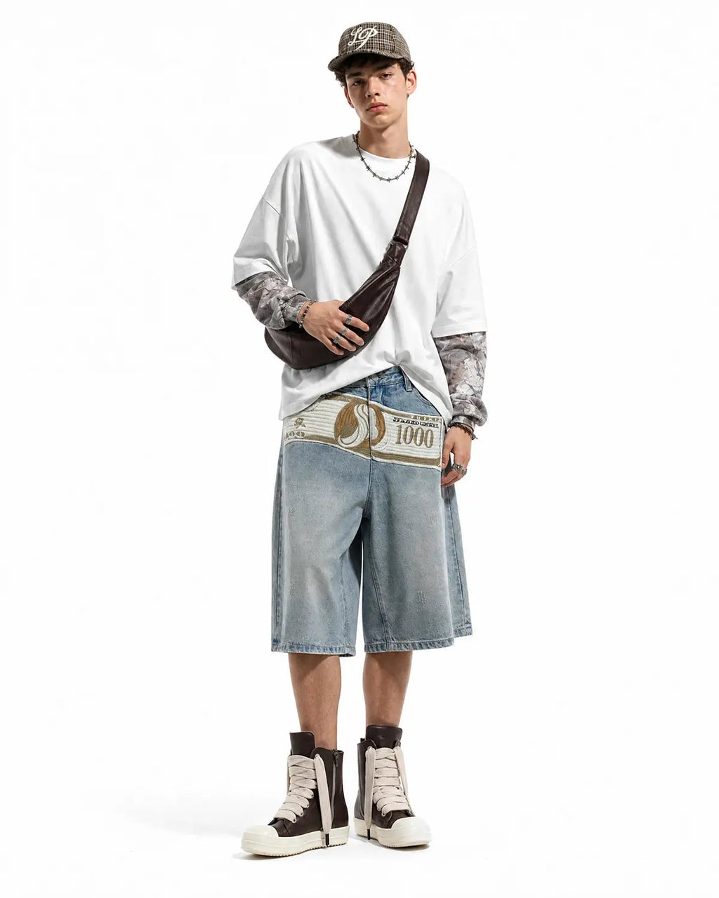 Inflation Dollar Patch Embroidery denim jorts with distressed details and frayed hem, casual streetwear shorts for men.