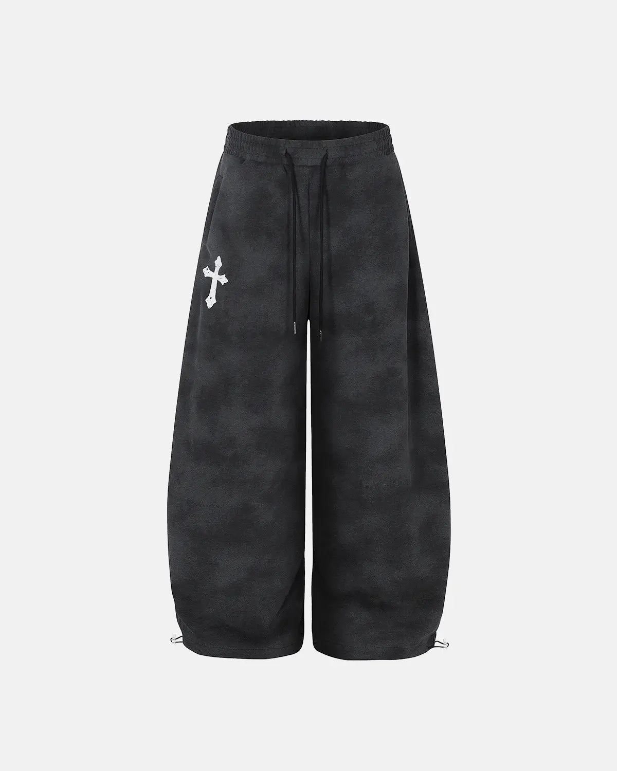 Washed cross barrel sweatpants by Inflation Streetwear, showing relaxed fit with cross seam design and washed denim texture.