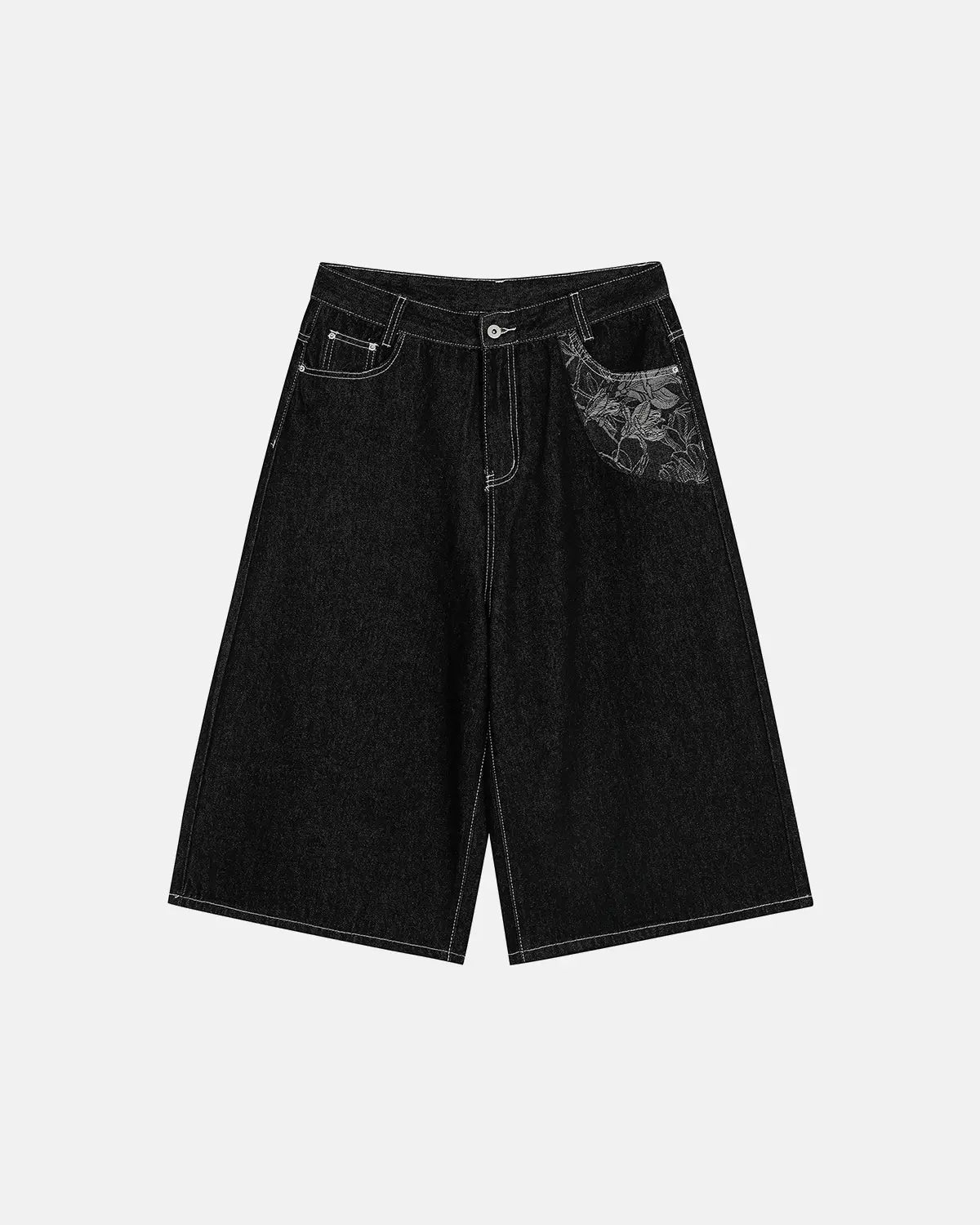 Inflation Streetwear baggy denim jorts with embroidered pocket, casual pants featuring distressed denim and stylish embroidery details.