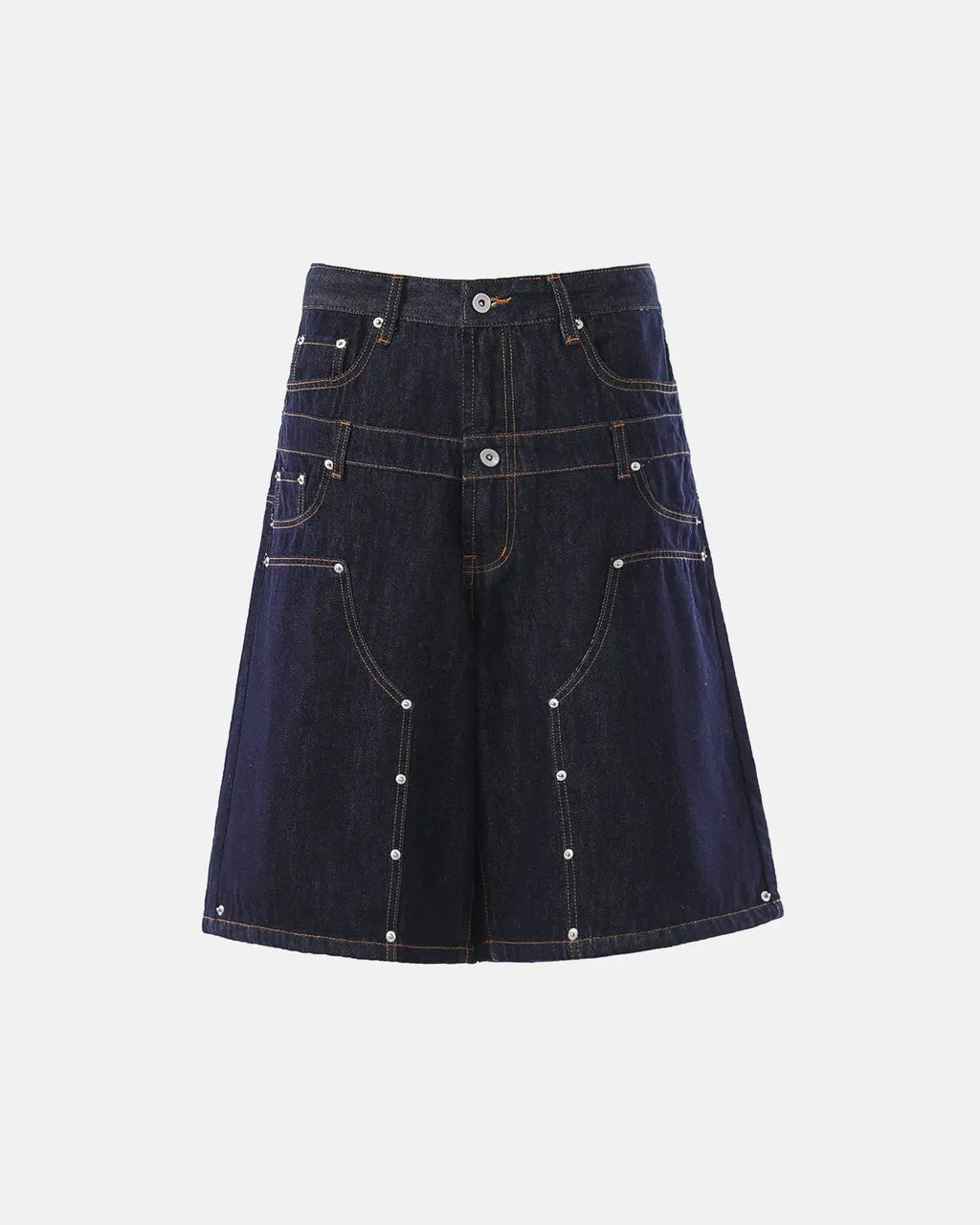 Inflation Streetwear double waist rivet baggy jorts, denim pants with rivet details and a relaxed, oversized fit.