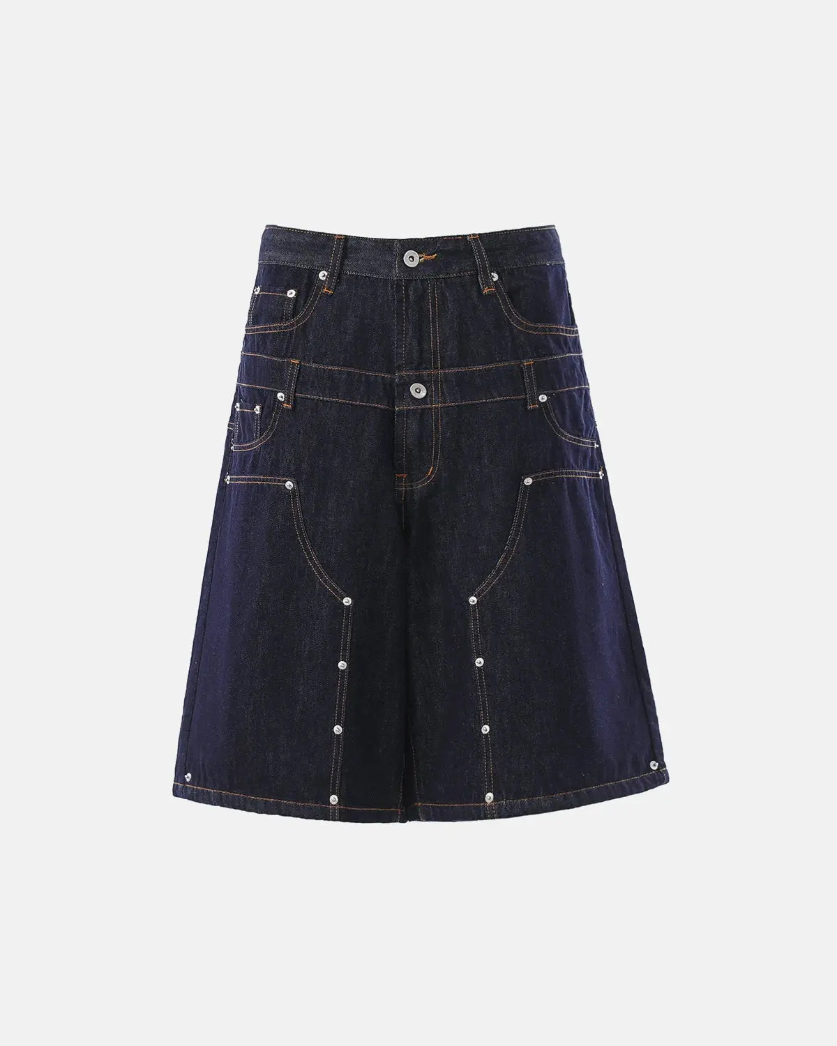 Inflation Streetwear double waist rivet baggy jorts, denim pants with rivet details and a relaxed, oversized fit.
