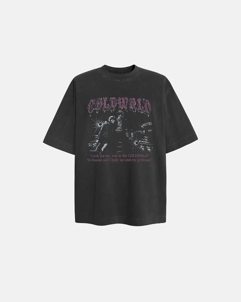 Black washed gothic graphic T-shirt by INFLATION with dark, edgy design and bold print, displayed on a neutral background.