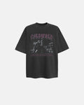 Black washed gothic graphic T-shirt by INFLATION with dark, edgy design and bold print, displayed on a neutral background.