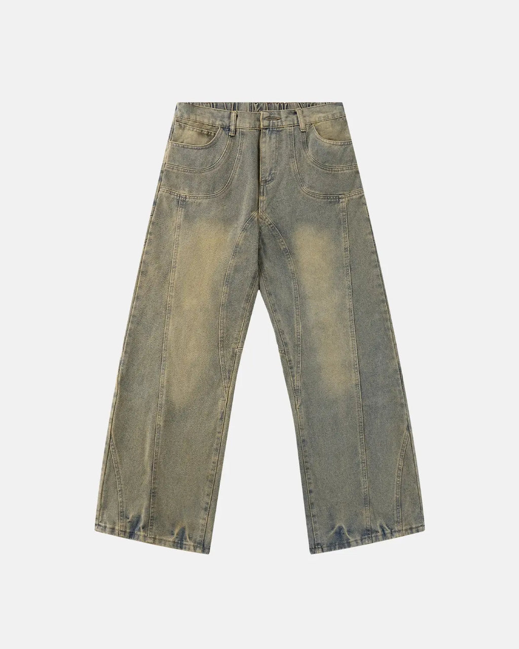 Inflation Streetwear curved panel straight-leg jeans, showing the denim fabric and tailored fit with a clean, modern design.