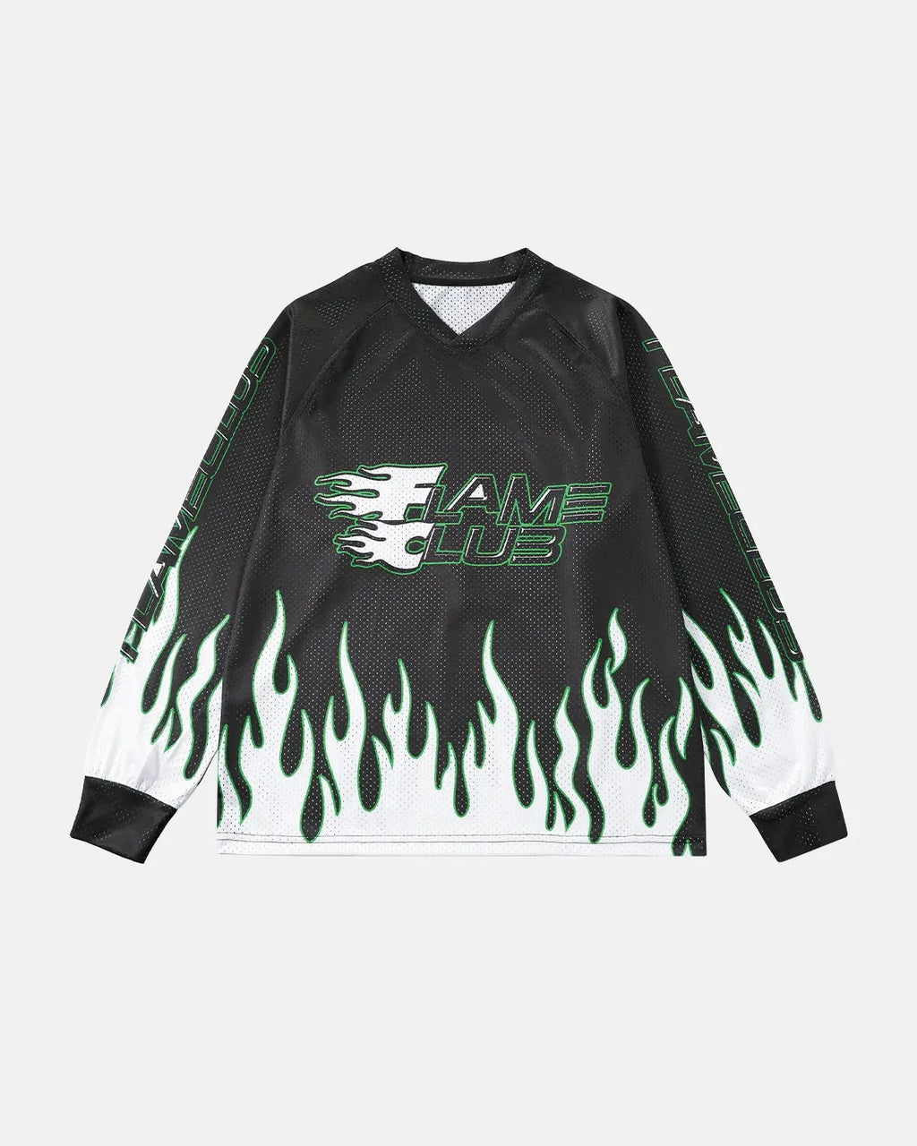 Inflation Streetwear flame print mesh T-shirt featuring bold flame graphics on lightweight black mesh fabric.
