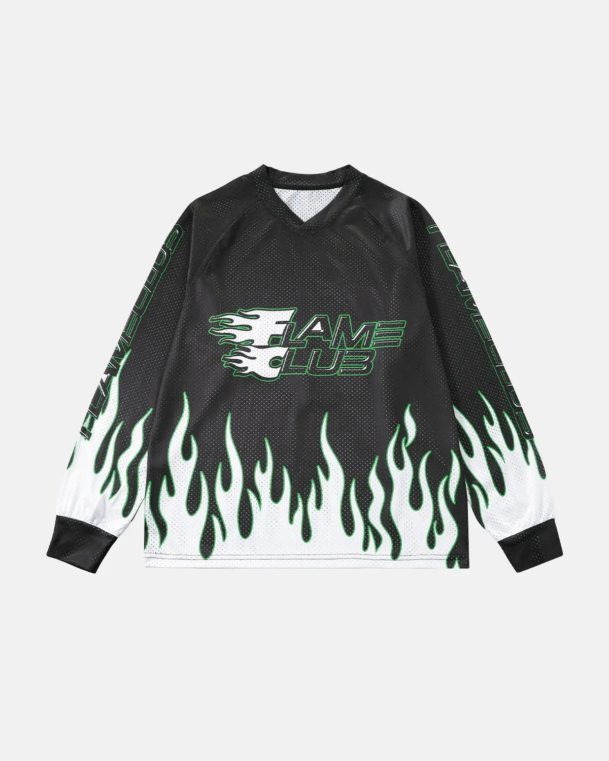 Inflation Streetwear flame print mesh T-shirt featuring bold flame graphics on lightweight black mesh fabric.