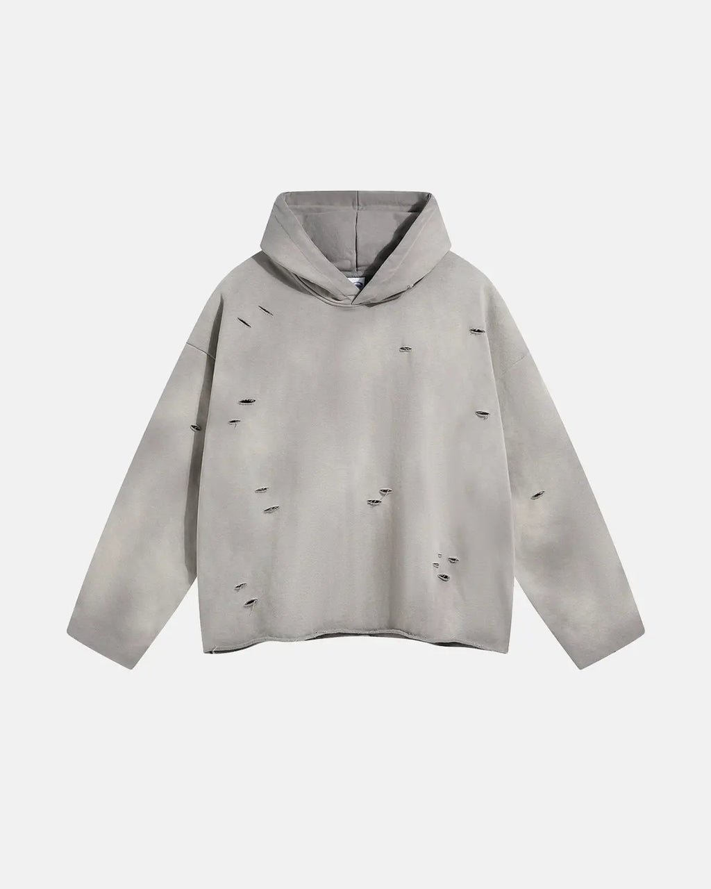 Acid wash ripped boxy hoodie from INFLATION Streetwear, featuring distressed details and a loose fit in a casual style.