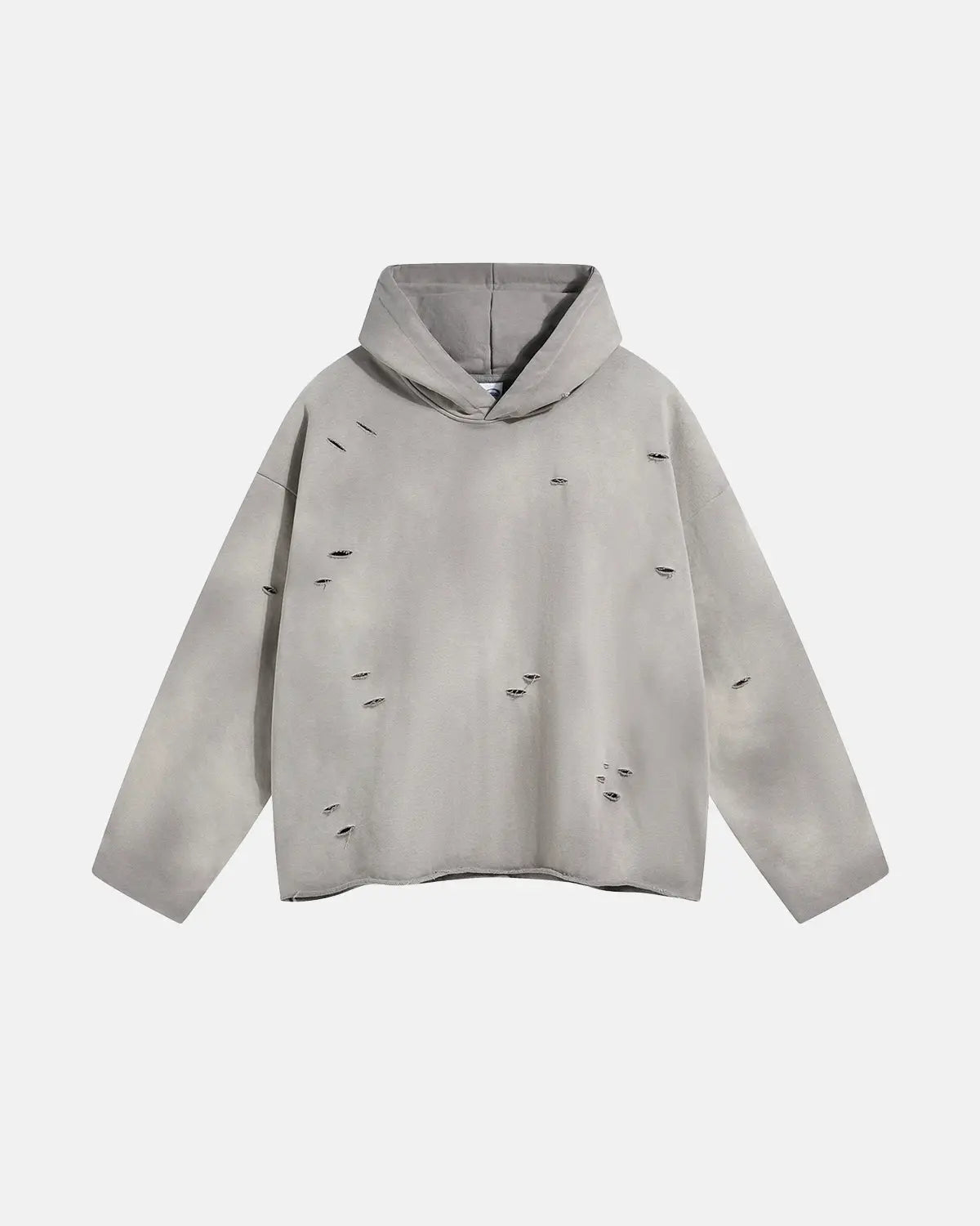 Acid wash ripped boxy hoodie from INFLATION Streetwear, featuring distressed details and a loose fit in a casual style.