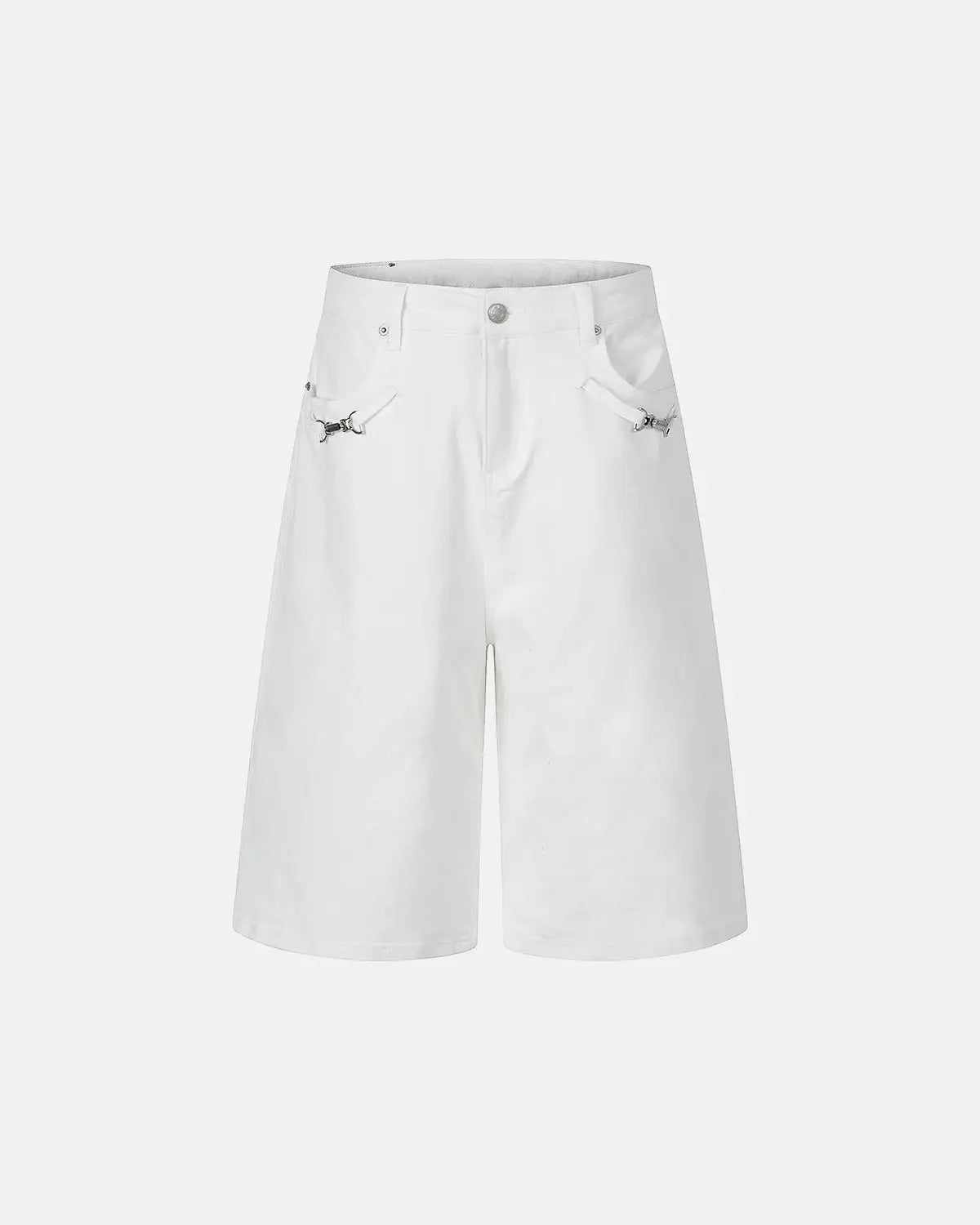 Inflation Back Buckle Longline Casual Shorts, stylish pants with back buckle detail, casual streetwear look, dark fabric.