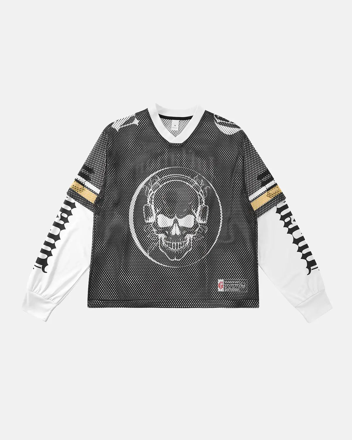 Inflation Streetwear Mesh Skeleton Print Long Sleeve Tee featuring a detailed skeleton design on black fabric.