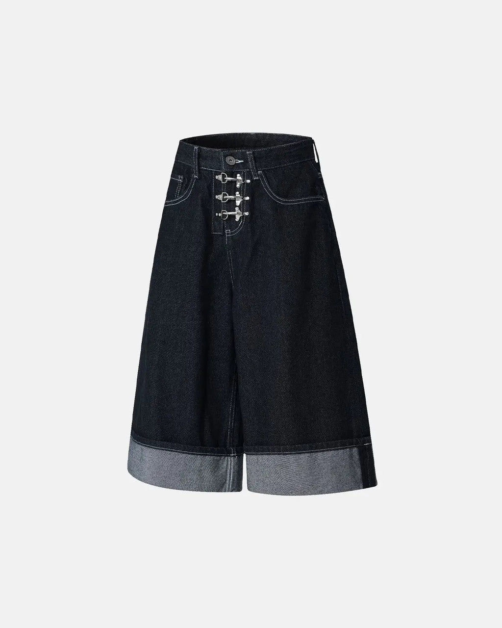 Inflation raw denim jorts with buckle detail, casual streetwear pants featuring distressed edges and a relaxed fit.