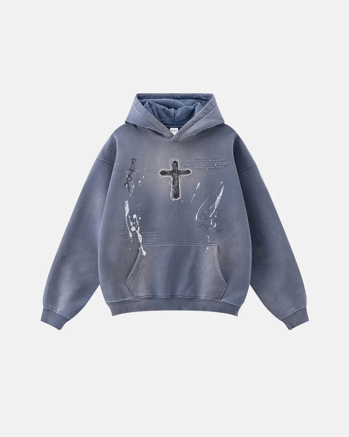 Inflation streetwear graffiti print acid washed fleece hoodie with bold colorful graffiti design and relaxed fit.