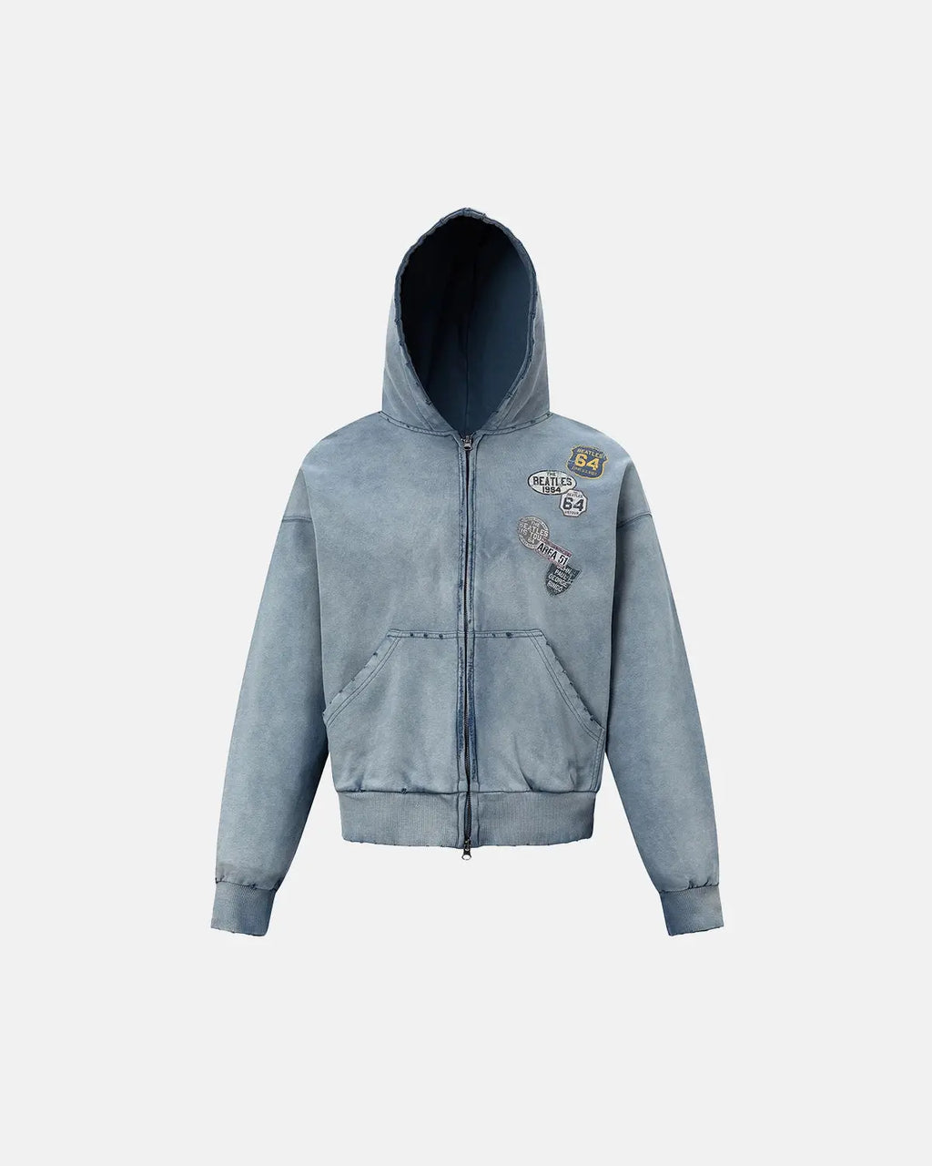 Blue distressed acid wash zip-up hoodie by INFLATION, featuring a casual streetwear style with a relaxed fit and front zipper.