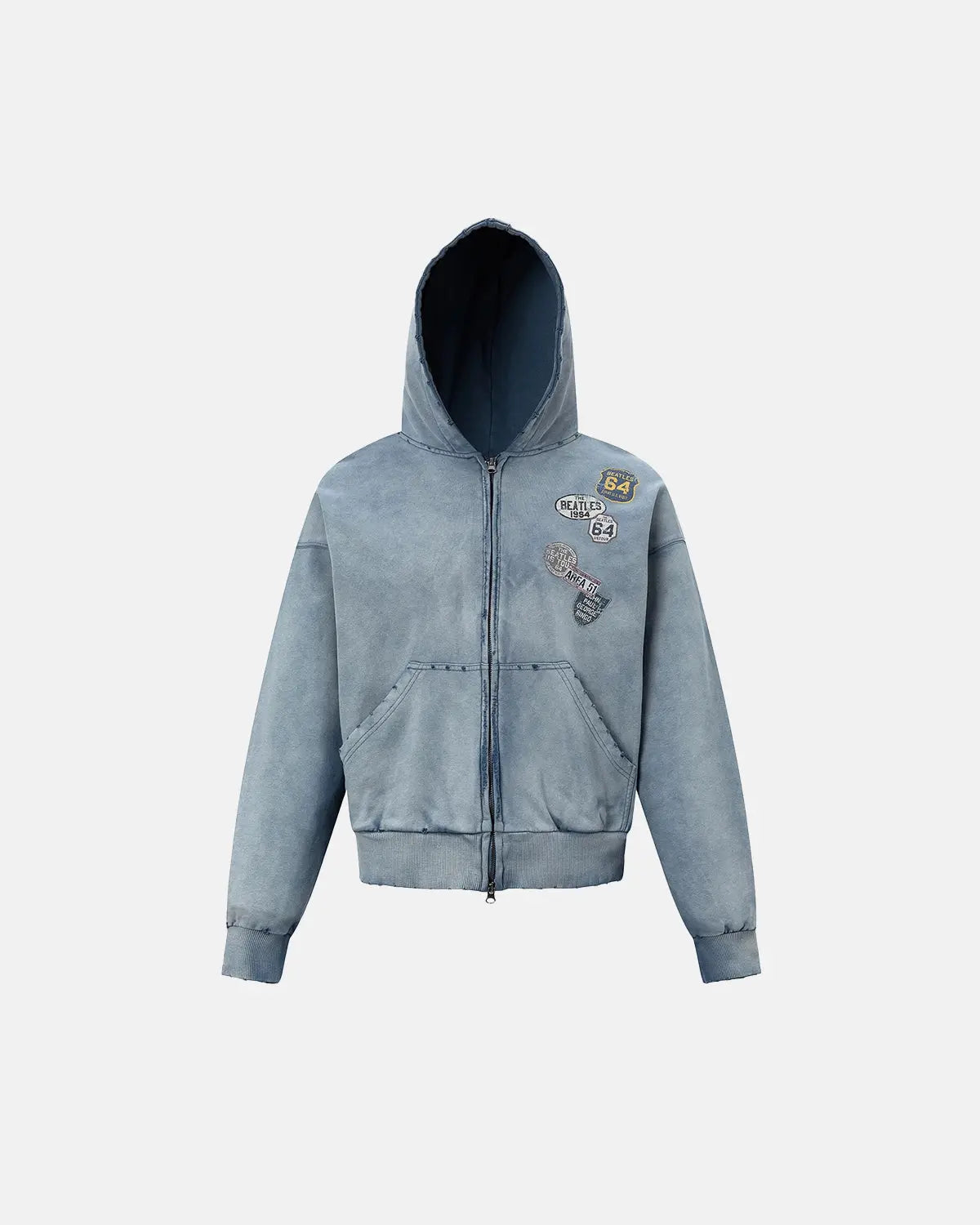 Blue distressed acid wash zip-up hoodie by INFLATION, featuring a casual streetwear style with a relaxed fit and front zipper.