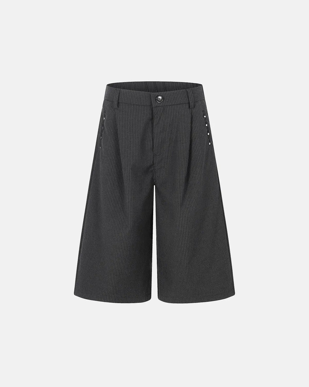 Inflation Streetwear pinstripe stud detail tailored shorts showing black and white pinstripe fabric with metal stud accents.