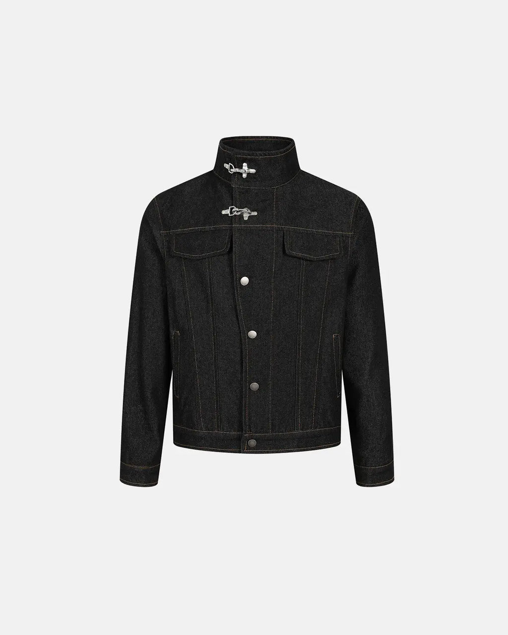 Inflation Metal Toggle Raw Denim Jacket with metal buttons and classic streetwear style, shown on a mannequin.
